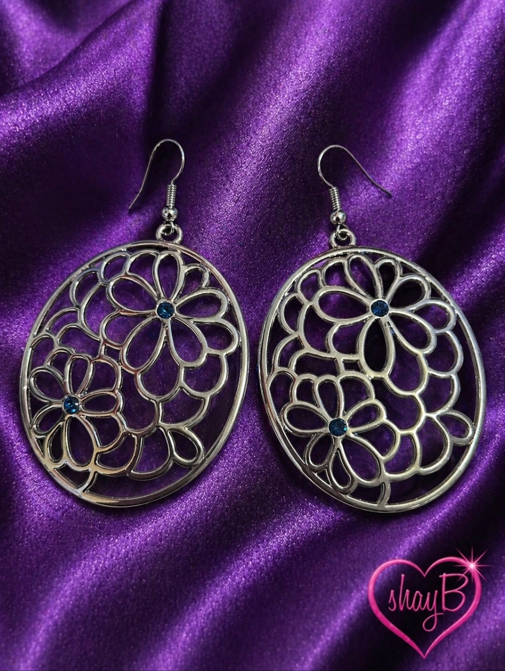 Silver Floral Cutout Drop Earrings with Blue Accents